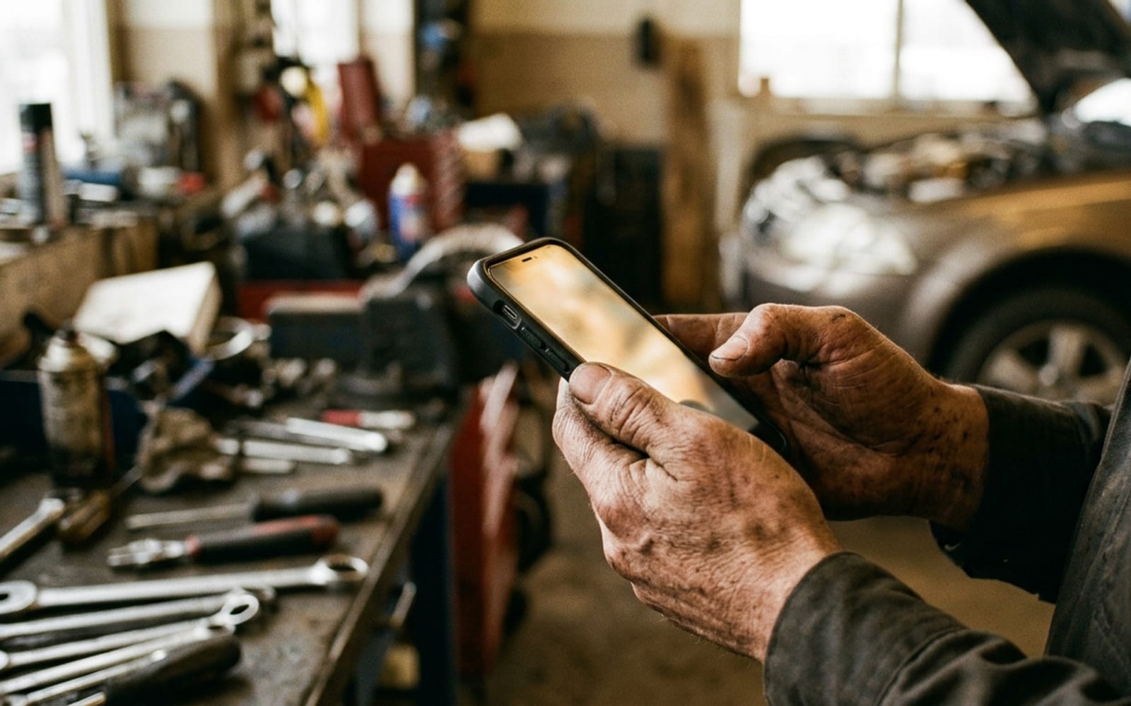 Manos de un mecánico sosteniendo un celular dentro del taller
